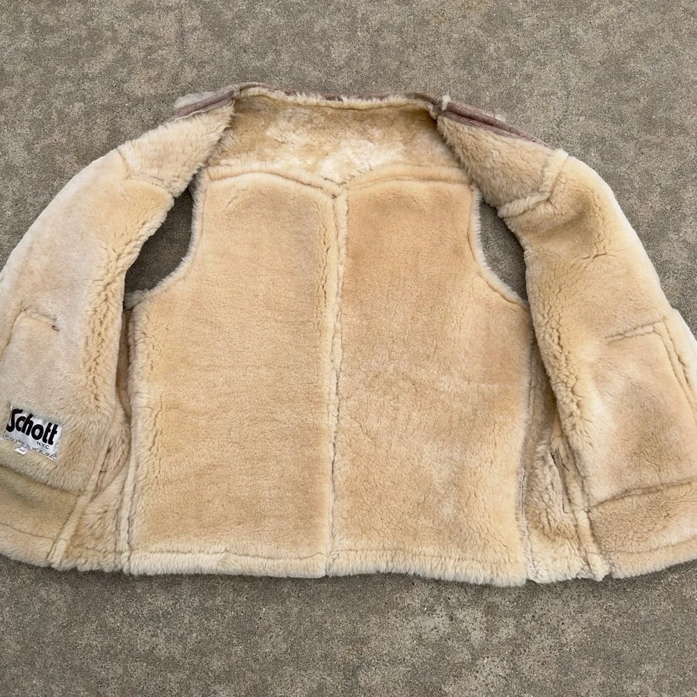 VTG 1980s Schott Vest Mouton Leather Shearling Sheepskin Brown Mens Size 42 USA